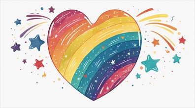 Artistic sketch of a heart with rainbow colors and dynamic star shapes around it, ai generated, AI