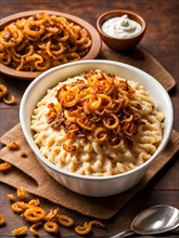 Spaetzle draped in creamy cheese, crispy fried onions sprinkled on top, AI generated, AI generated