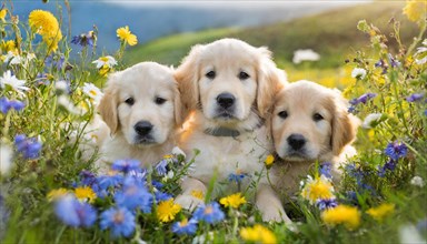 KI generated, Three Golden Retrievers lying in the grass of a flower meadow, young animals, animal
