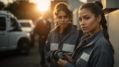 Two serious women in mechanic uniforms outdoors holding a camera at dusk, women at traditional men