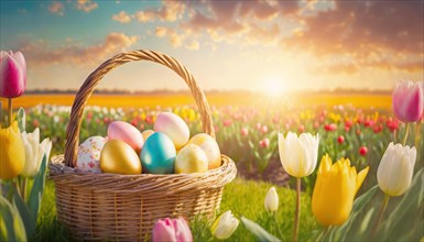 A basket with colorful Easter eggs on a spring field with blooming tulips at sunrise. AI generated
