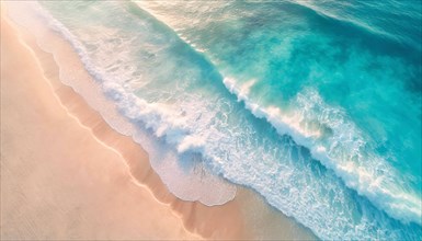 Aerial view of foamy ocean waves hitting the sandy beach. Exotic serene sea, tropical summer