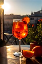 Aperol spritz radiating bright and bubbly charm glass positioned on a sunlit terrace table, AI