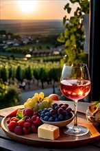Glass of ros wine perched gracefully next to a platter bursting with vibrant fresh fruits, AI