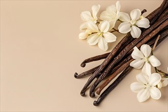 Top view of dry Vanilla beans and flowers on beige background with copy space. KI generiert,