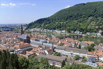 View of the city with river, (Neckar), bridges and surrounded by green hills, Heidelberg,