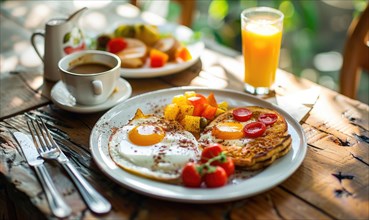Sunny rustic breakfast setup with pancakes, eggs, coffee, and fresh fruit on a wooden table AI