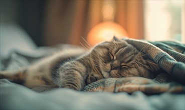 A serene cat napping under a cozy blanket with warm tones surrounding it AI generated