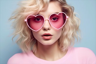 Portrait of young attractive blond woman with pink heart shaped sunglasses in front of pastel blue