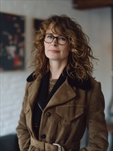 Woman with curly hair sporting glasses and a trench coat in a room with warm tones and wall art, AI