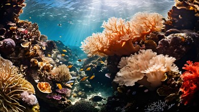 Vibrant coral reef undergoing bleaching contrasts between lively hues and bleached whites, AI