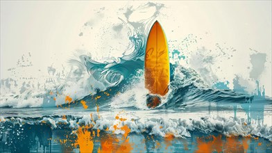 An abstract art piece featuring a surfboard and a dynamic wave with splatter effects, ai generated,