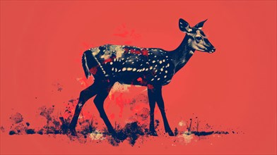 Silhouette of a deer with vibrant red abstract splatter art on a red background, ai generated, AI