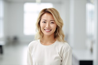 Asian woman with blond hair with large light blurry room in background. KI generiert, generiert AI