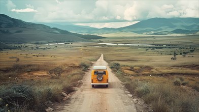 An orange vintage bus travels down a dirt road through a vast countryside landscape, AI generated