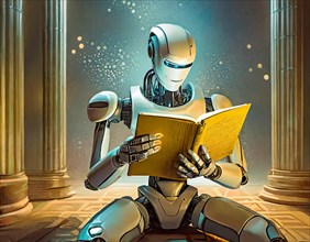 A robot sits reading in a room with pillars, surrounded by warm, gold-coloured lighting, AI
