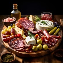 Bavarian snack plate overflowing with assorted cured meats draping, AI generated
