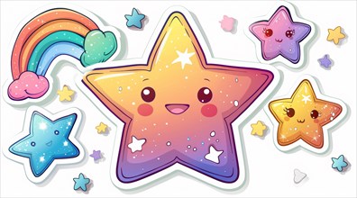 A collection of cute, kawaii-style star and cloud stickers with pastel rainbows and hearts, ai