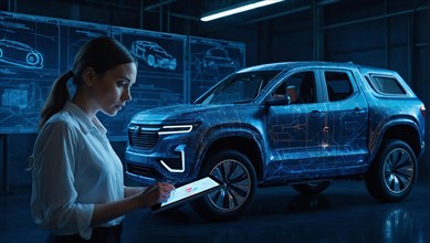 Female engineer designer analyzing a holographic model of an electric pickup truck, feminine power