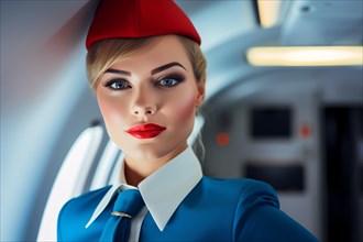 Beautiful attractive flight attendant stewardess with blue unifrom and red hat in airplane. KI