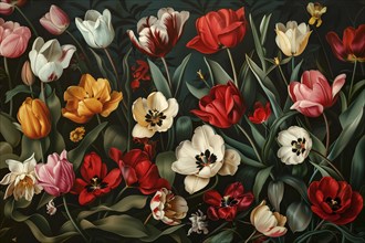 Illustration, tulips in different colours as background, AI generated, AI generated, AI generated