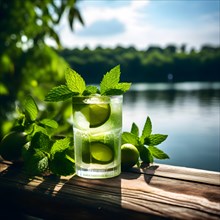 Classic mojito with fresh mint leaves resting on a weathered wooden dock calm lake waters