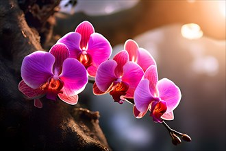 Orchids clustered on the gnarled branches of an ancient tree embodying resilience, AI generated