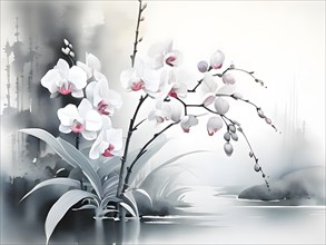 Painting of orchids cascading gently across a silk scroll each petal and stem flowing, AI generated