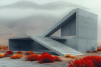 Modern concrete architecture with stark geometric shapes amidst red desert flora under fog, AI