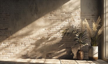 A tranquil corner where shadows from potted plants dance on a sunlit textured brick wall AI