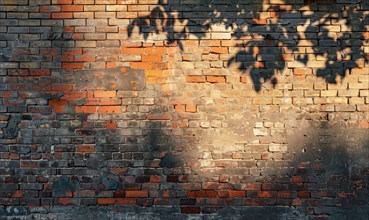 The warm glow of sunset casts intricate leaf shadows on an orange-hued brick wall AI generated