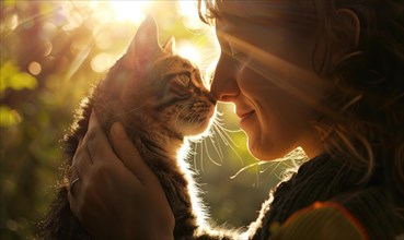 An emotive side profile of a woman with her cat during golden hour AI generated
