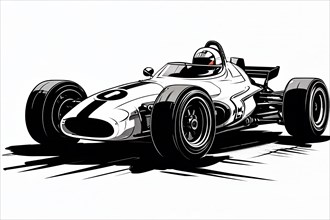 Formula race car, black and white line art, AI generated