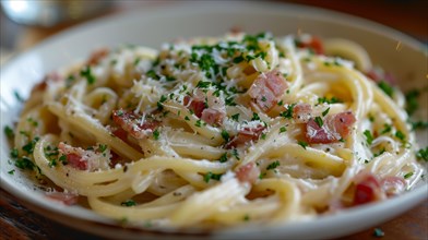 A close-up of fettuccine pasta garnished with Parmesan cheese, bacon bits and parsley on a white