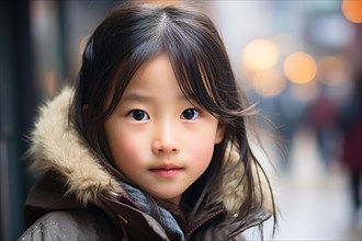 Young Asian girl child with jacket in city street. KI generiert, generiert AI generated
