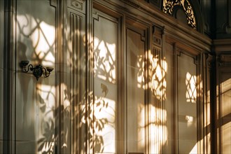Classical architecture interior with ornate paneling and warm sunlight casting shadows, AI