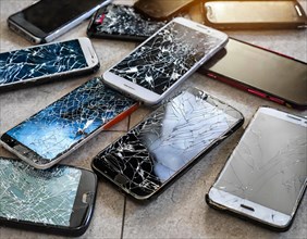 Several smartphones with shattered screens lie on a hard stone floor, AI generated, AI generated
