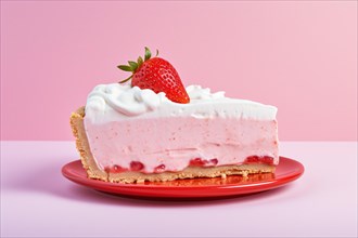 Slice of strawberry cake on red plate with pink background. KI generiert, generiert AI generated