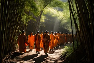 Shaolin disciples clad in traditional orange robes walk in a serpentine single file bamboo stalks,