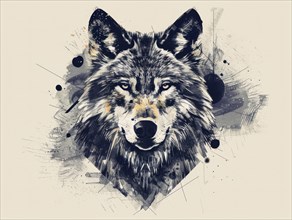 Monochrome grey abstract illustration of a wolf with splatter and vector elements, ai generated, AI
