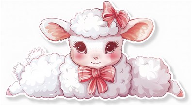 A fluffy lying down lamb cartoon sticker with pink bows, ai generated, AI generated