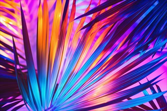 Colorful purple, pink, blue and orange tropical palm leaves. KI generiert, generiert AI generated