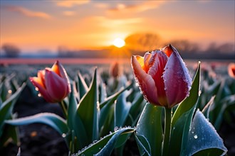 Tulip field on a frosty morning delicate petals encapsulated in fine ice embodying springs, AI