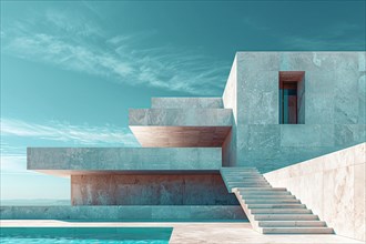 Modern architectural structure with minimalist design beside a turquoise sea, AI generated