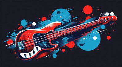 Dynamic abstract representation of an electric bass with blue and red splatter, ai generated, AI