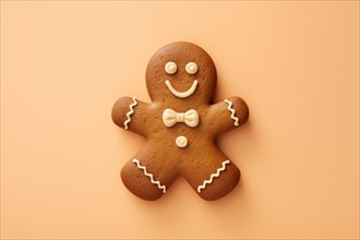 Single smiling gingerbread personc ookie on yellow background. KI generiert, generiert AI generated
