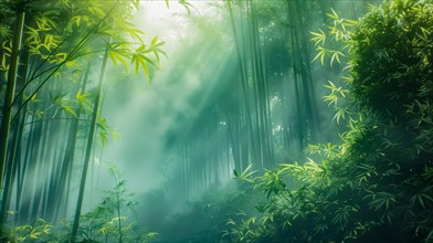 Ethereal mist weaving through a tranquil green bamboo forest, ai generated, AI generated
