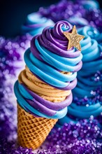 Galaxy themed ice cream cone swirling blues and purples edible glitter star shaped candies, AI