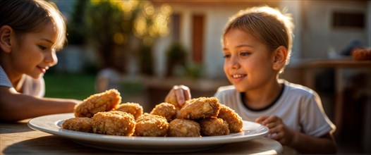 Two happy children sitting outside at sunset with a plate of chicken nuggets, wide horizontal