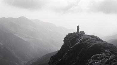 A lone figure stands atop a rugged cliff overlooking misty mountains, AI generated